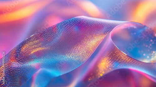 A close-up view of translucent holographic ribbons, highlighting their delicate textures and shimmering, iridescent colors.