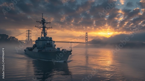 Naval warship sailing under Golden Gate Bridge at sunrise with dramatic sky and mist