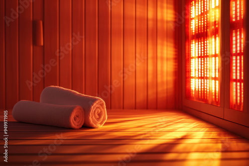 Warm light is illuminating an infrared sauna interior with towels, creating a relaxing atmosphere for wellness