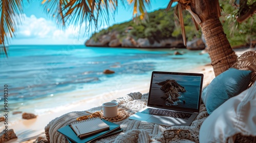 A remote worker having a virtual meeting while sitting on a beach towel, with the ocean waves rolling 