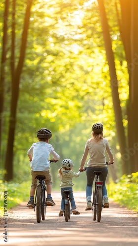 A family enjoying a bike ride through a scenic park, with children leading the way and parents following closely, promoting outdoor activity and family bonding