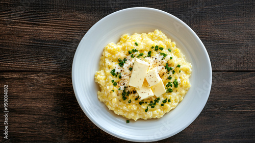 Ready to eat: creamy cheesy grits with butter and chives for breakfast