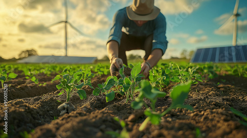 Farmer tending crops in field with solar panels and wind turbines, sustainable agriculture and renewable energy concept, modern farming practices in scenic rural landscape