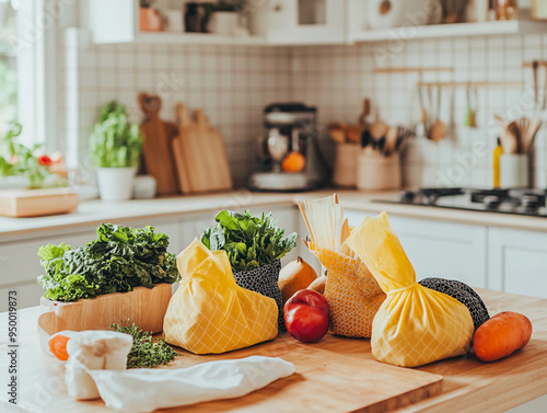 beeswax food wraps in various sizes, wrapped around fruits and vegetables on a kitchen island