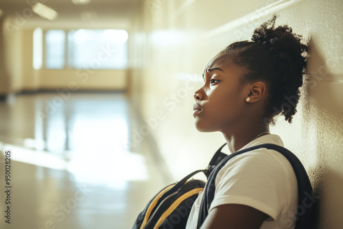 Sad african american teenage girl feeling lonely in high school hallway