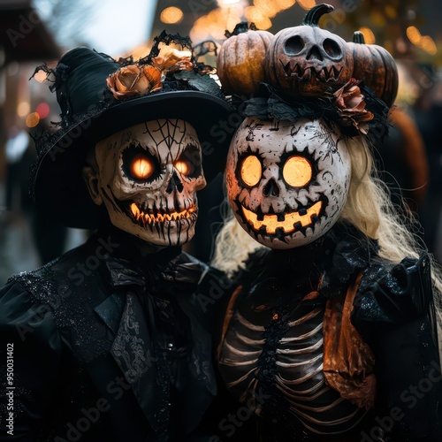 Halloween festivities featuring creative glowing skull and pumpkin masks