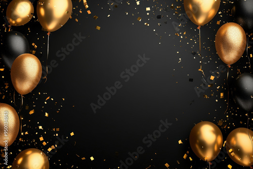 Festive background with black and gold balloons with falling confetti, perfect for a party invitation or greeting card