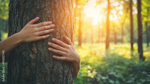 Hands tightly hugging a large tree trunk, forest bathed in soft sunlight