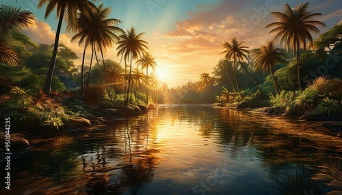 Golden Hour in Paradise A lush jungle river shimmers under the warm glow of sunset, with palm trees reflected in the tranquil water.