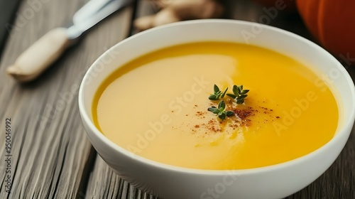 Creamy butternut squash soup garnished with thyme and a sprinkle of spice.