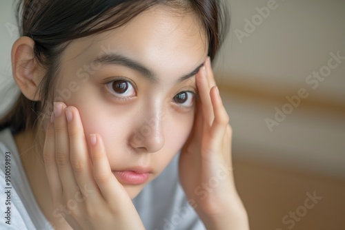 Young Asian woman looks tired with dark circles under her eyes. Her face appears puffy and swollen. She seems stressed and sleepless, possibly suffering from insomnia or fatigue.