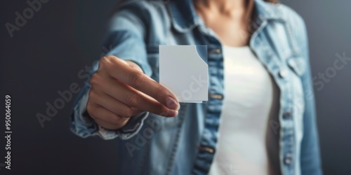 A woman is holding a white card in her hand. The card is rectangular and has a white border. The woman is wearing a blue jacket and white shirt