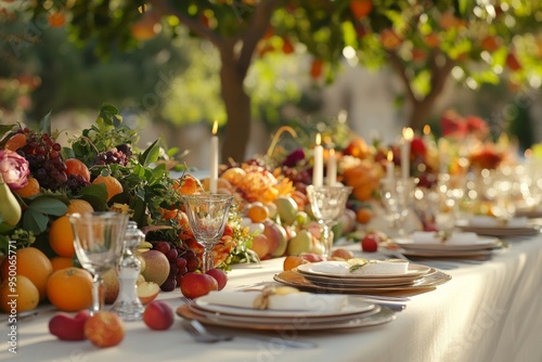 an elegant sukkot banquet with tables set outdoors, adorned with seasonal fruits, flowers, and candles.