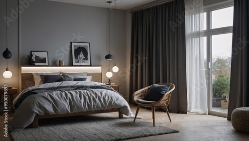 Capturing the blend of functionality and style in a Scandinavian-style bedroom with dimout curtains.