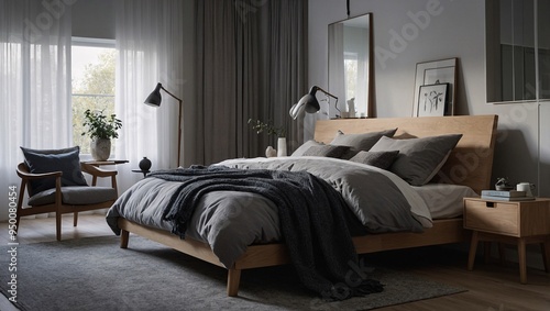 Capturing the blend of functionality and style in a Scandinavian-style bedroom with dimout curtains.