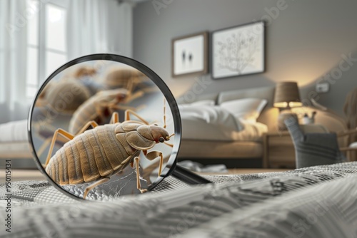 Bed bugs under a magnifying glass, with a bed and bedroom in the background. Concept of pest control, identifying and combating insect infestations in the home.