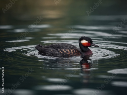 Black-necked grebe floating on a tranquil water surface.