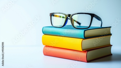 A stack of colorful books topped with blue eyeglasses, representing education, knowledge, and reading, set against a clean white background.