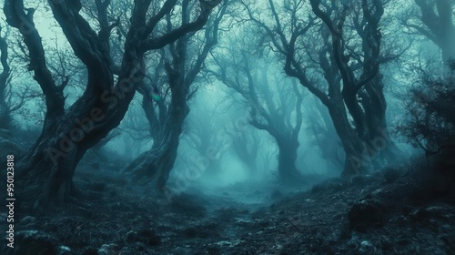 Haunted forest with twisted trees and fog, eerie style, wide shot, soft lighting, high contrast, detailed background