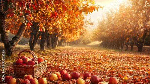 A basket filled with freshly picked apples in a vibrant autumn orchard, surrounded by fallen leaves and warm sunlight. 