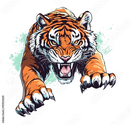 A ferocious tiger with sharp claws and teeth snarling with an aggressive expression.