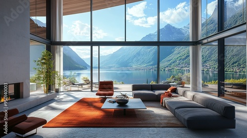 Capture the essence of modern stylish elegant living room with large inner height and huge windows opening to the terrace and a lake between the mountains.