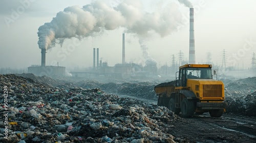 A landfill overflowing with garbage, emitting noxious fumes, symbolizing the environmental cost of excessive waste.