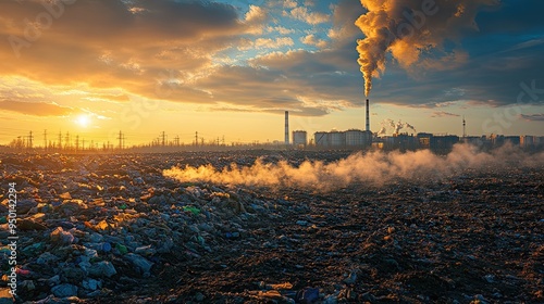 A landfill overflowing with garbage, emitting noxious fumes, symbolizing the environmental cost of excessive waste.