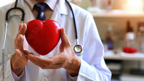 An image of a cardiologist holding a red heart in one hand and a stethoscope in the other, symbolizing the dual tools of care and diagnosis in cardiology.