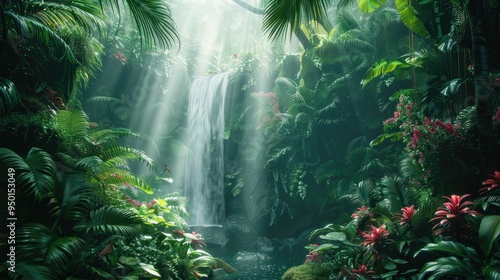 Lush verdant tropical rainforest ecosystem teeming with diverse flora and fauna including a cascading waterfall and sunbeams filtering through the dense foliage This scene captures the beauty