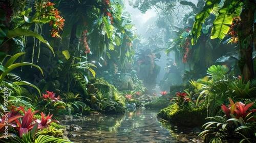 Lush verdant tropical rainforest ecosystem teeming with diverse flora and fauna A serene tranquil landscape featuring a winding stream dense foliage and a mystical adventurous atmosphere