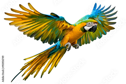 A vibrant macaw parrot in flight with detailed feathers and wide wings, showcasing striking blue, green, and gold colors, realistic rendering, PNG format on transparent background