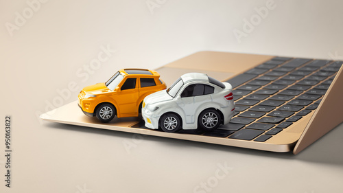 Online car business concept, car toy on laptop on gold background