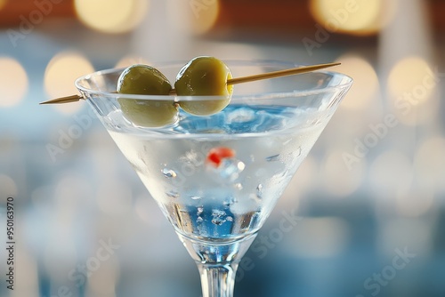 Elegant martini with olives served in a crystal glass at a stylish bar during evening hours