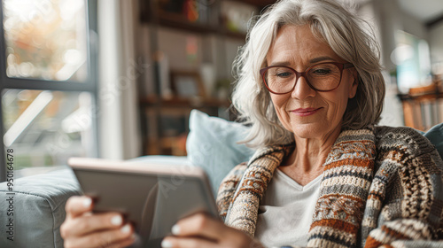 Happy Senior Woman Using Tablet on Couch in Home Setting