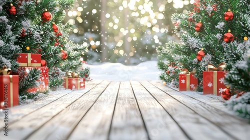 close up Christmas scene with Christmas attributes tree and gifts on the left and right sides, the central part has a lot of free space, perspective wooden floor, background snow garden, image is a 