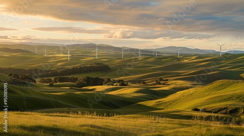 A serene rural landscape with green hills, windmills, and a golden sunset. The mix of nature and modern wind energy adds charm and tranquility.