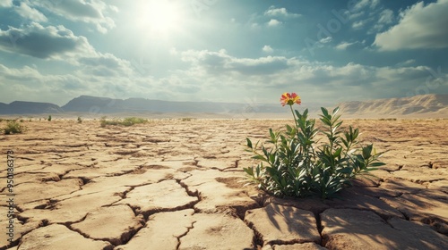 Drought-stricken desert with cracked earth resilient plant life under a scorching sun illustrating severe climate effects and environmental adaptation vividly demonstrating climate change impacts