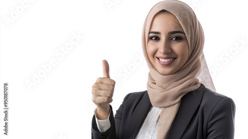 Professional Middle-Eastern woman in business attire, showing a thumbs up with a positive expression, isolated against a white background.