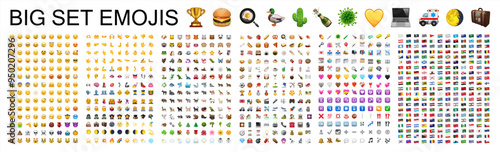 All type of emojis in one big set. Hands, gesture, people, animals, food, transport, activity, sport emoticons. Smiley big collection. Vector 10 eps.