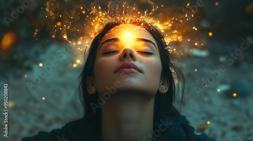 A surreal and mystical image of a young woman with her eyes closed, featuring a glowing third eye on her forehead. 