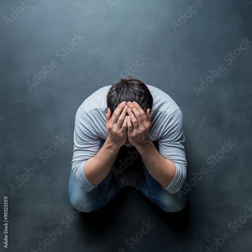 Man sitting on the floor, head in hands, expressing despair