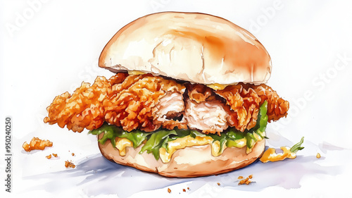 A bite taken out of a fried chicken sandwich, watercolor illustration, soft tones, slightly messy