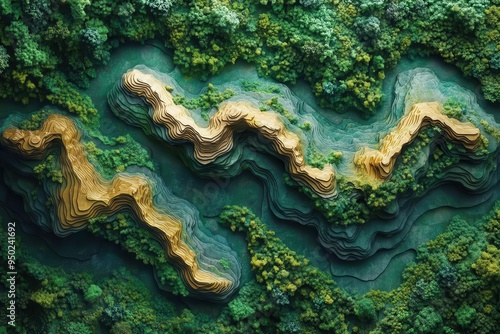 ethereal golden topographic map projected onto a lush green rainforest canopy shimmering contour lines undulate with the terrain creating a mesmerizing 3d effect