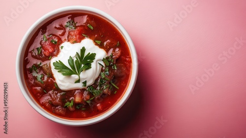 A delectable bowl of red soup filled with pieces of vegetables, garnished with a creamy dollop of sour cream and fresh parsley, creating a visually appetizing meal.