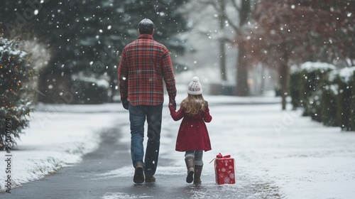 Father and daughter stroll through snowy park while carrying a gift on a winter afternoon