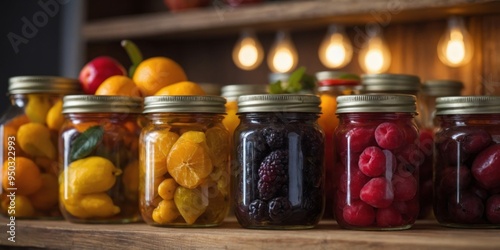 Jars of preserved fruits on a wooden shelf.