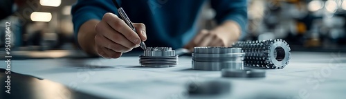 Engineer Inspecting Metal Parts with Pen: A Realistic Image of Precision Engineering