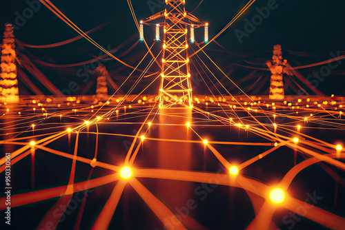 A Stunning 3D Render of a Vibrant Power Grid with Illuminated Energy Nodes Creating an Ethereal Atmosphere at Night.