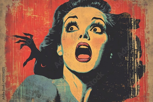 A vintage horror illustration featuring a shocked woman with a vivid expression, conveying a sense of fear and drama.